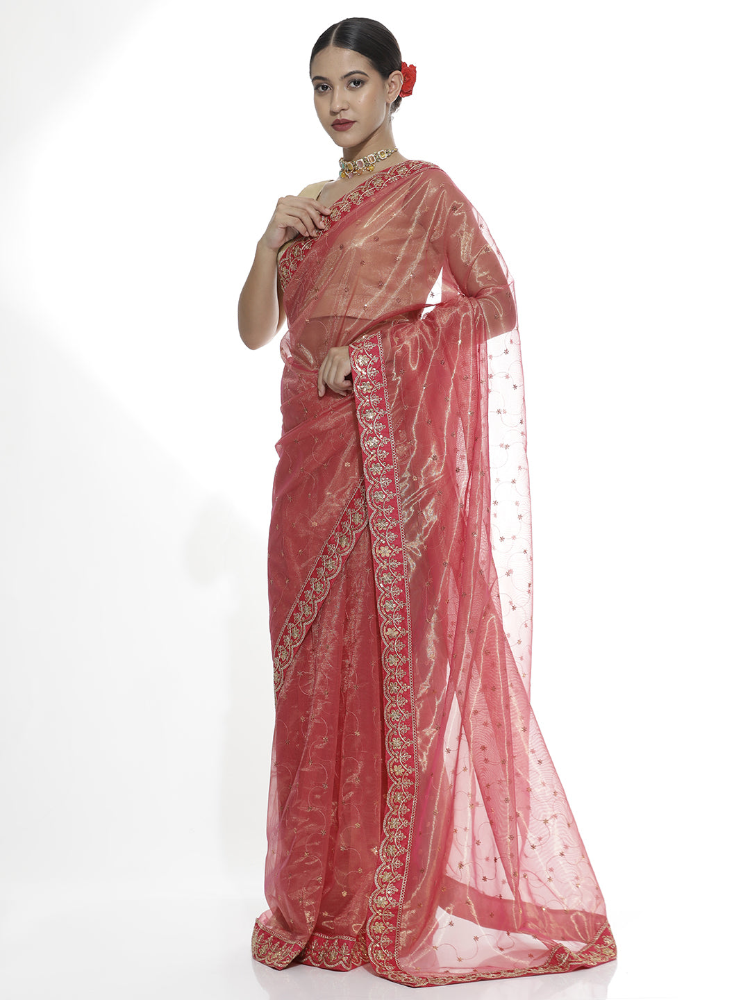 Sequin Pink Embroidered Net Party Wear Saree