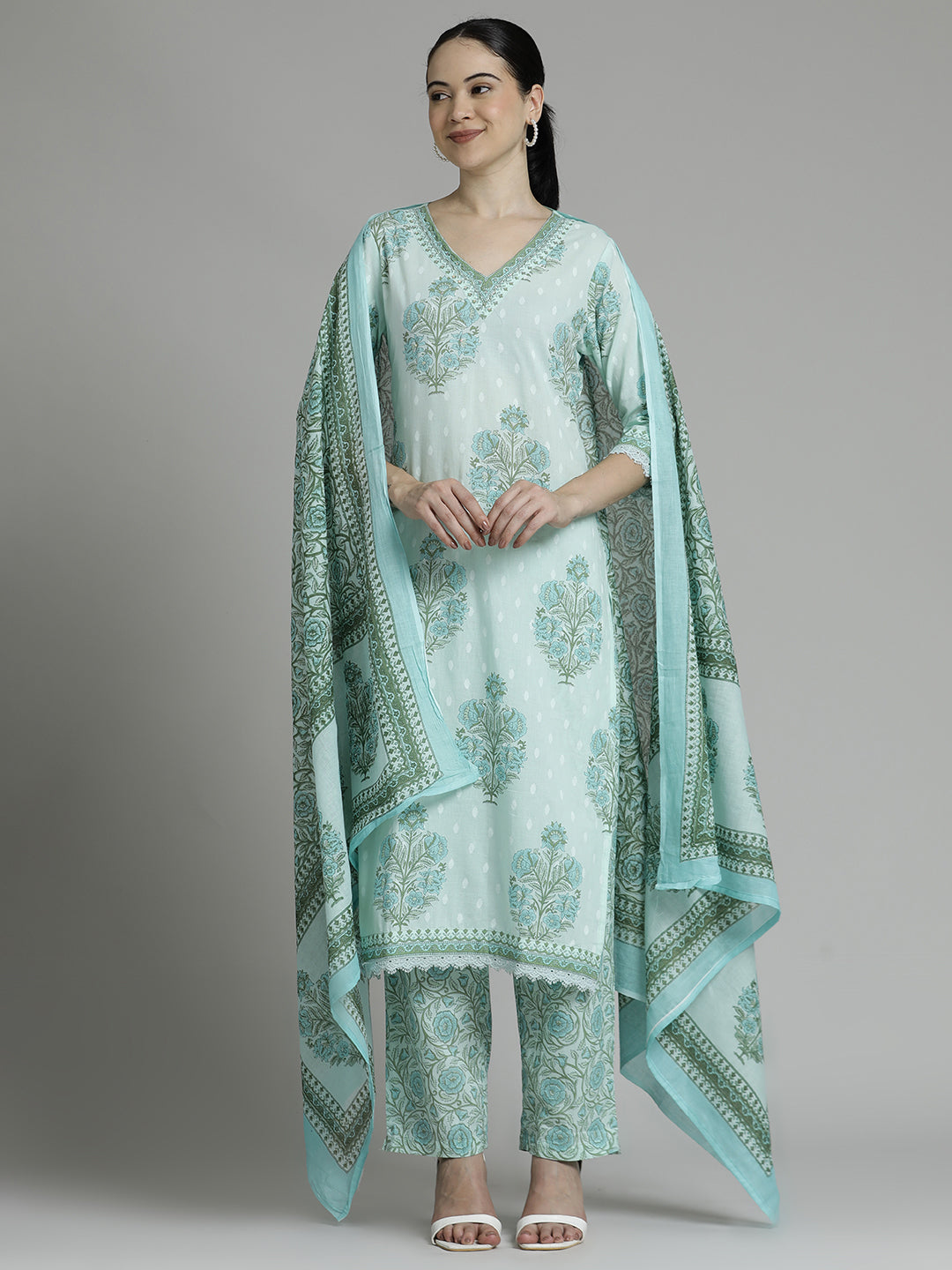 Off White Green Floral Printed Cotton Suit Set