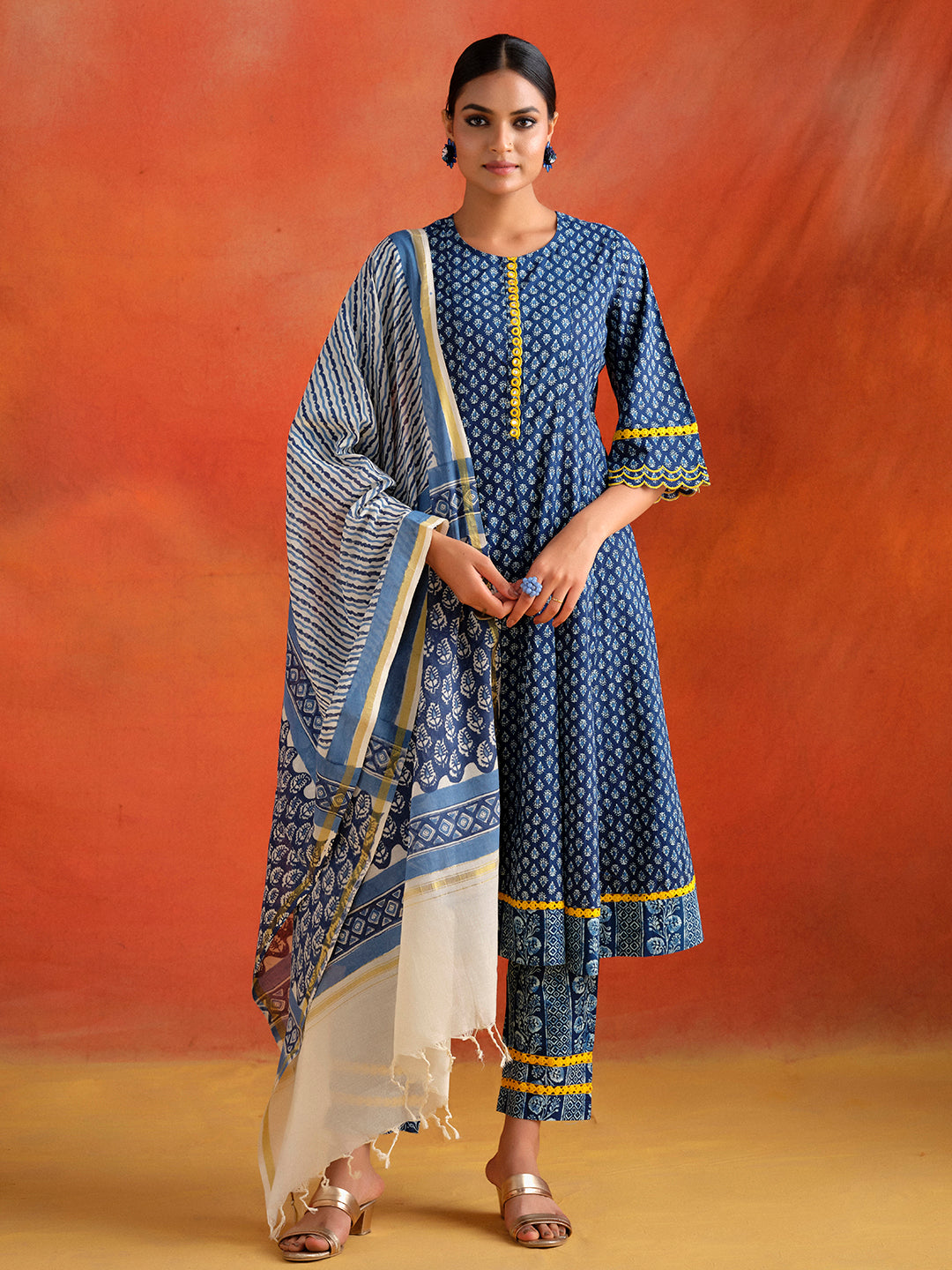 Indigo Blue Mirror Work Anarkali Suit Set