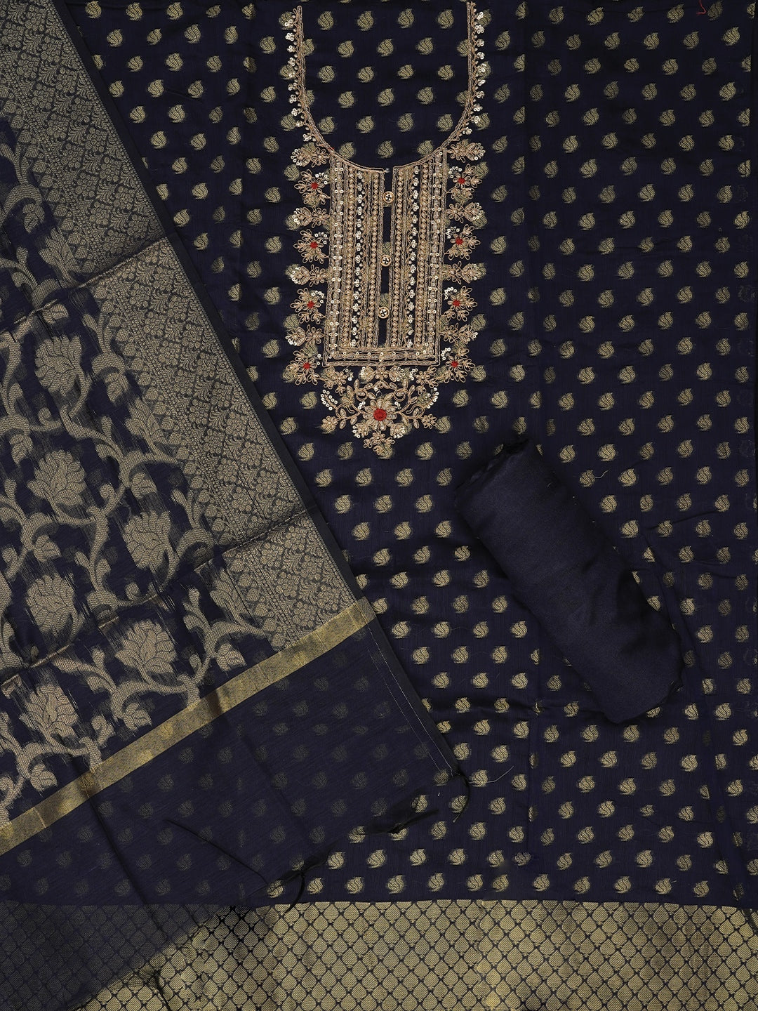 Navy Blue Zari Silk Blend Embellished Dress Material with Dupatta