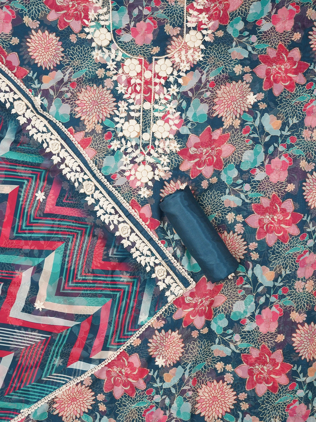 Teal Blue Lucknowi Embroidered Organza Dress Material with Dupatta