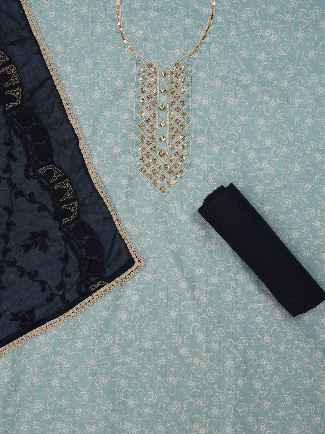 Sky Blue Zari Embroidered Cotton Dress Material with Dupatta