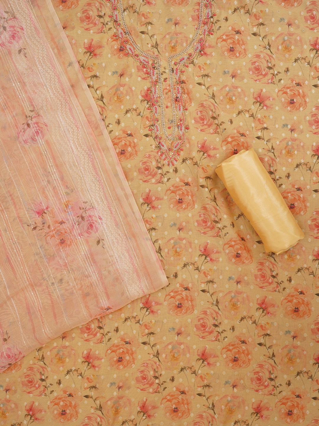 Beige Floral Printed Silk Zari Woven Dress Material with Dupatta