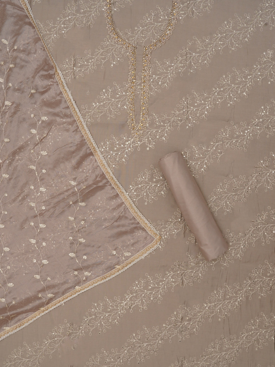 Grey Sequin Embroidered Pure Cotton Dress Material with Dupatta