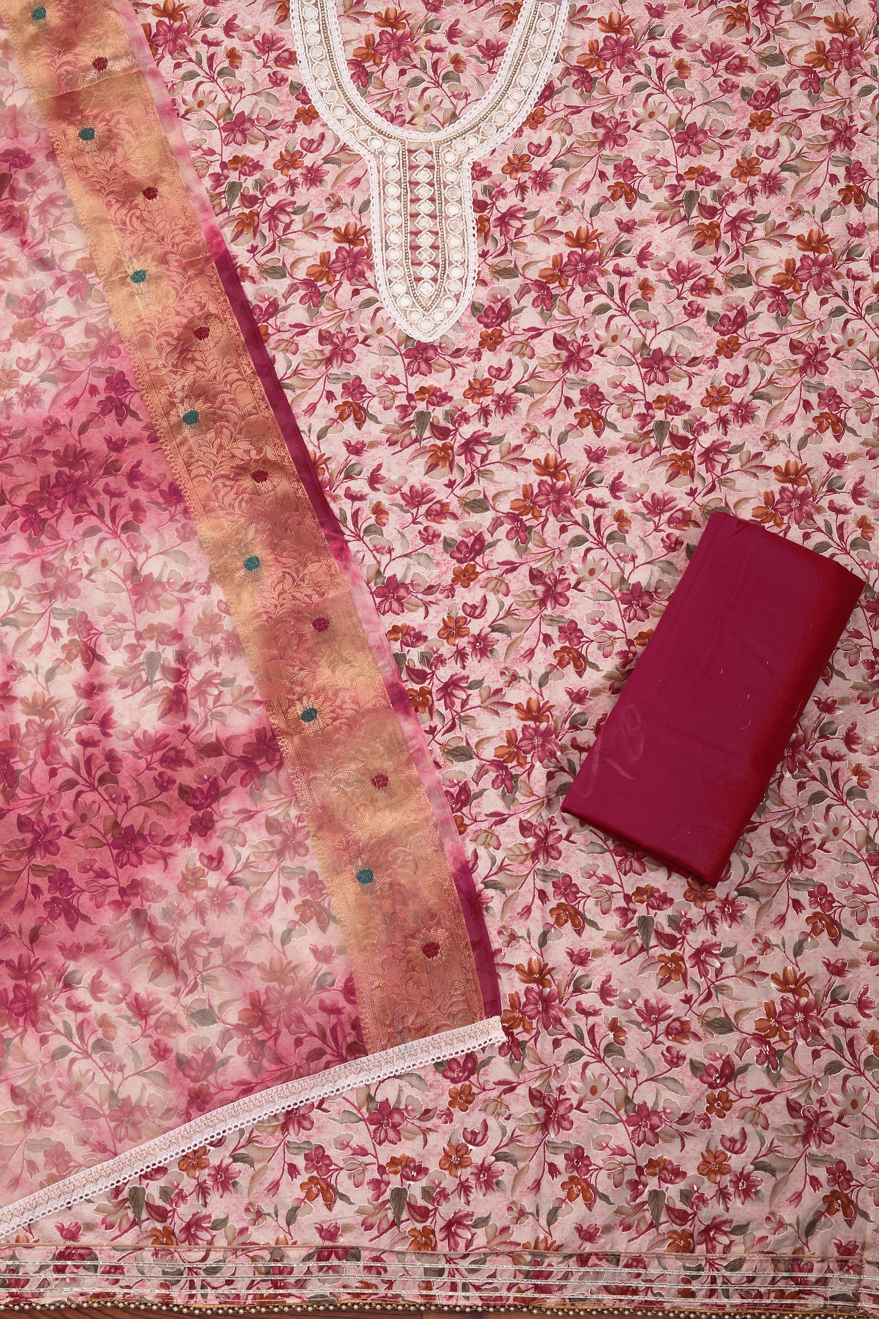 Rani Embellished Cotton Blend Dress Material with Dupatta