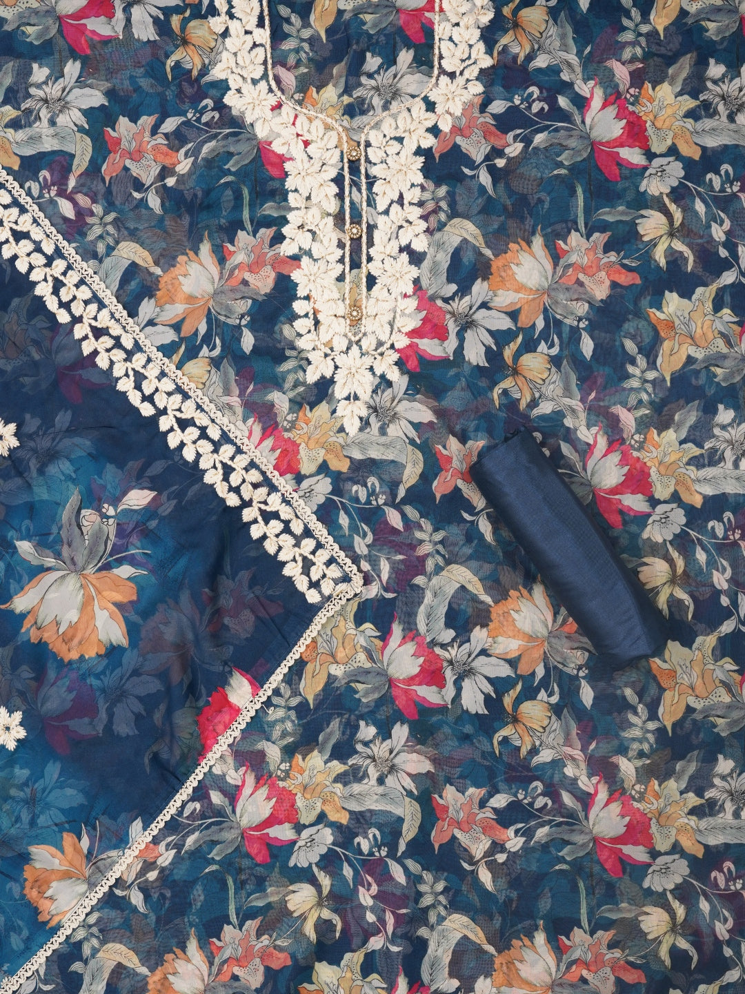 Navy Blue Lucknowi Embroidered Organza Dress Material with Dupatta