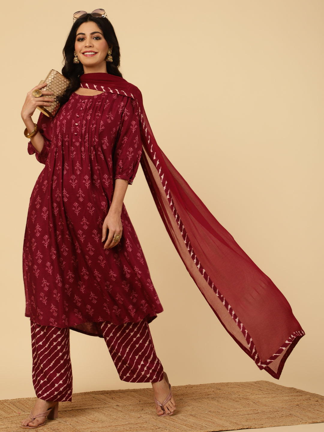 Wine Dola Silk Pleated Bandhani Kurta With Palazzo And Dupatta