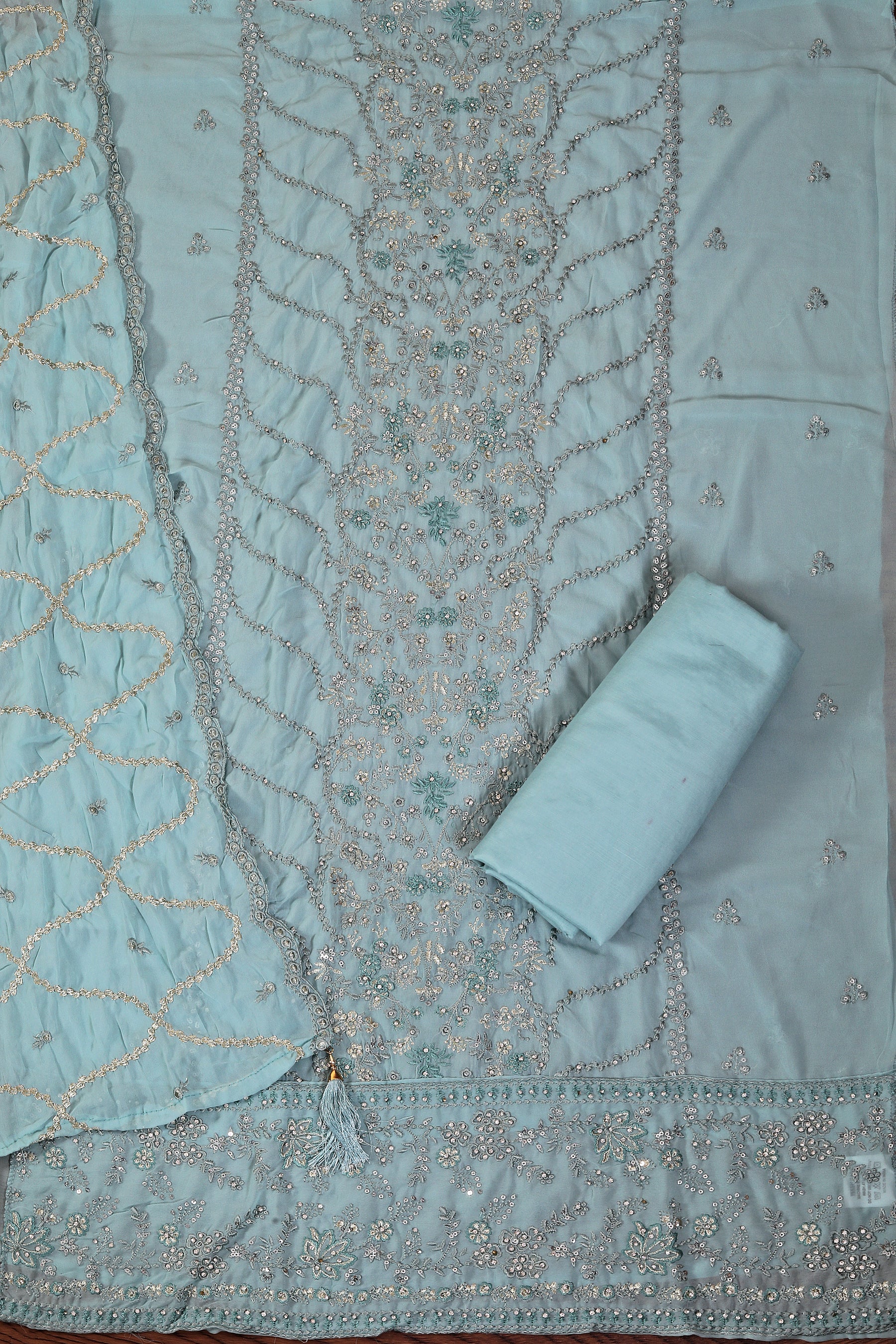 Sea Green Heavy Embroidered Poly Georgette Dress Material with Dupatta