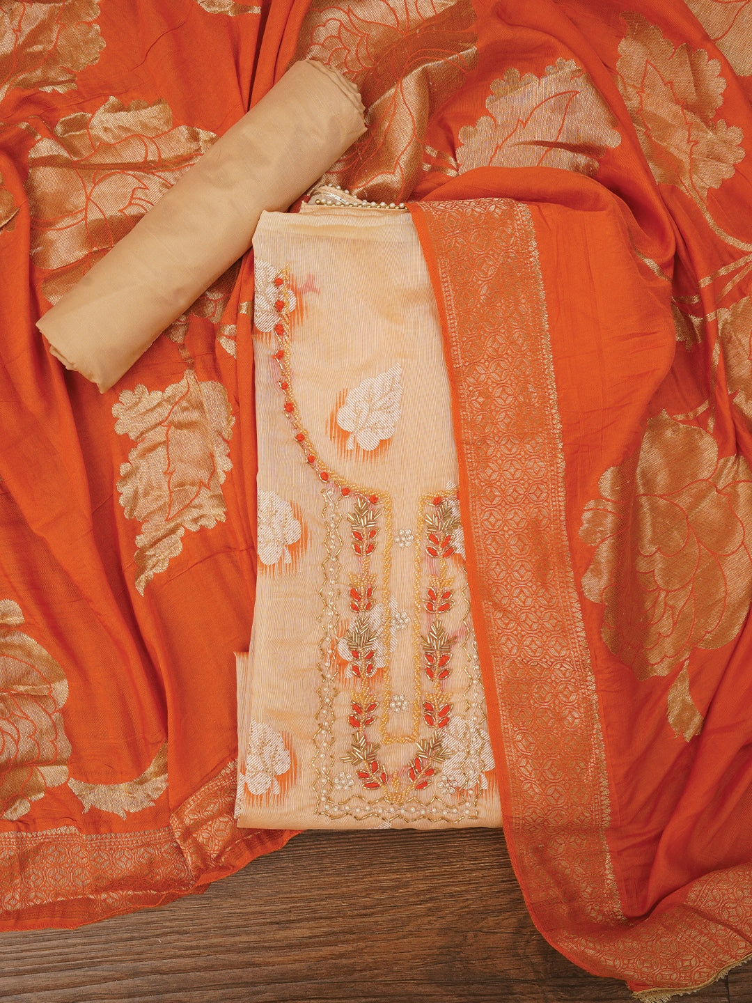 Unstitched Embellished Beige Cotton Blend Dress Material with Dupatta