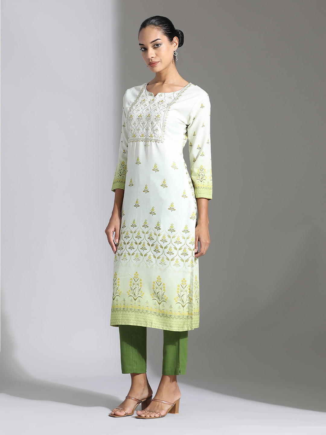 Light Green Printed Poly Rayon Straight Kurta