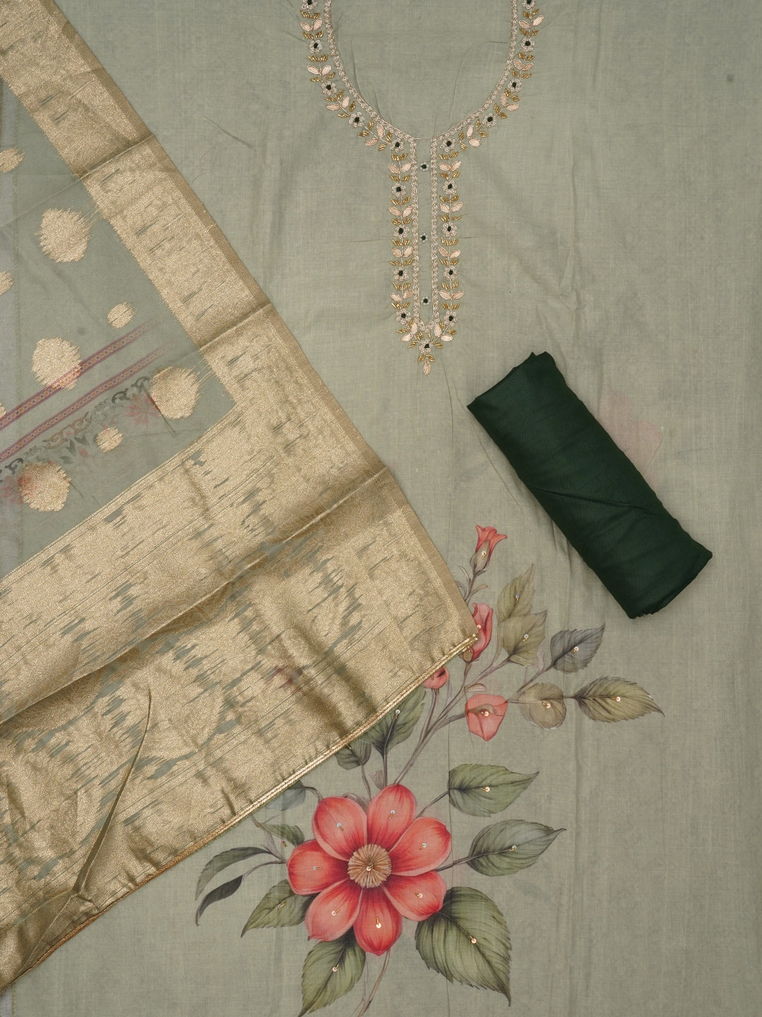 Light Green Embellished Floral Printed Cotton Blend Dress Material with Dupatta