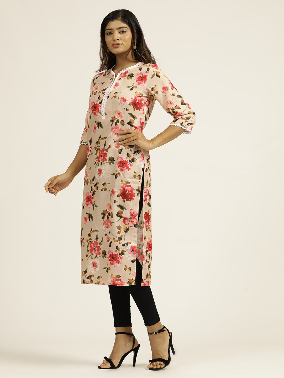 Peach Floral Printed Straight Kurta