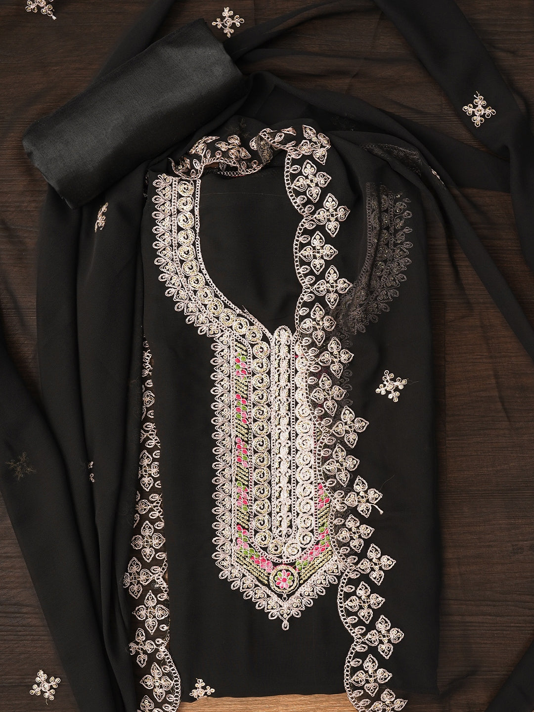 Black Zari Embroidered Silk Georgette Dress Material with Dupatta