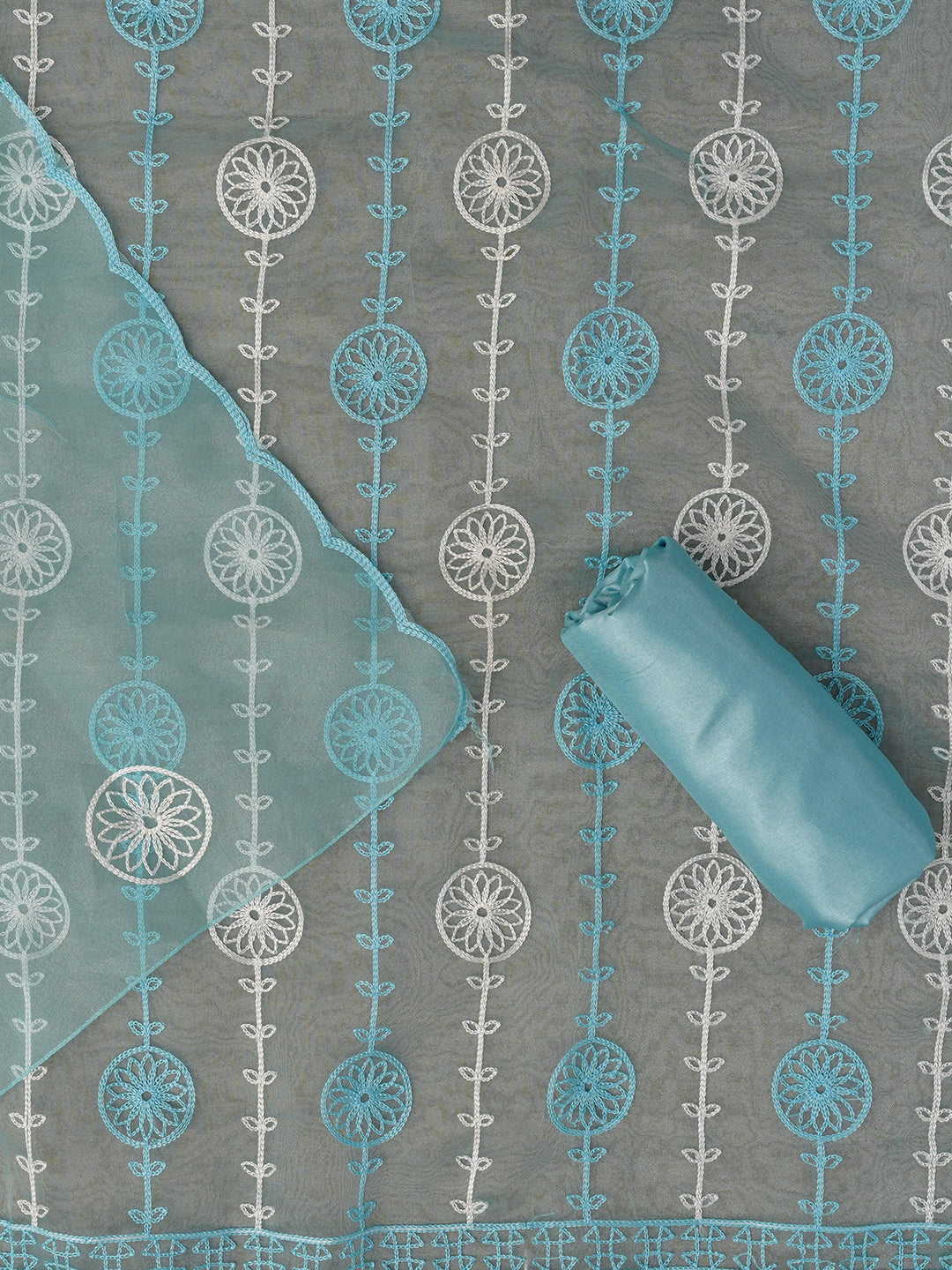 Sky Blue Unstitched Embroidered Organza Dress Material With Dupatta