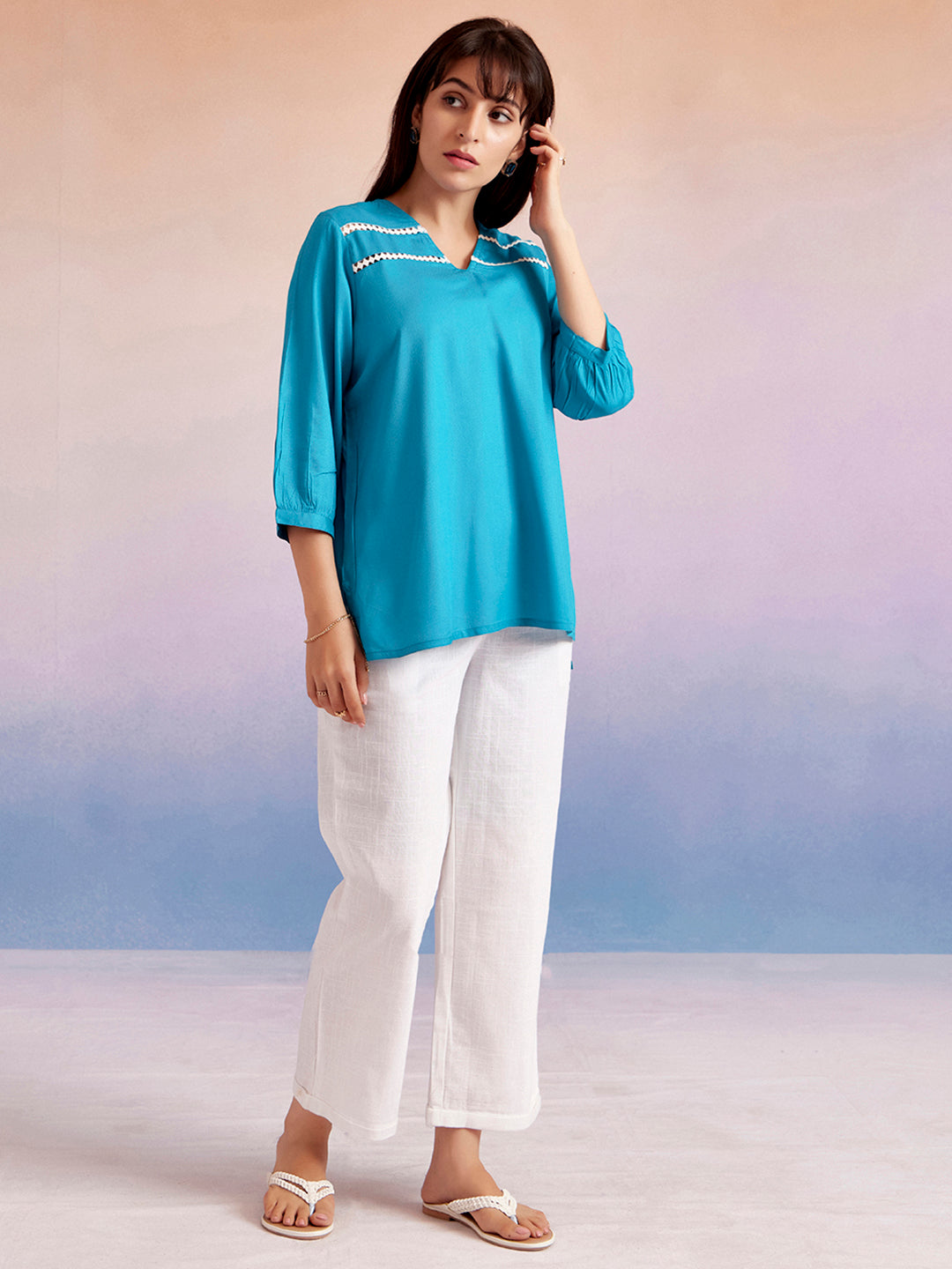 Turquoise Blue Solid High-Low Casual Top
