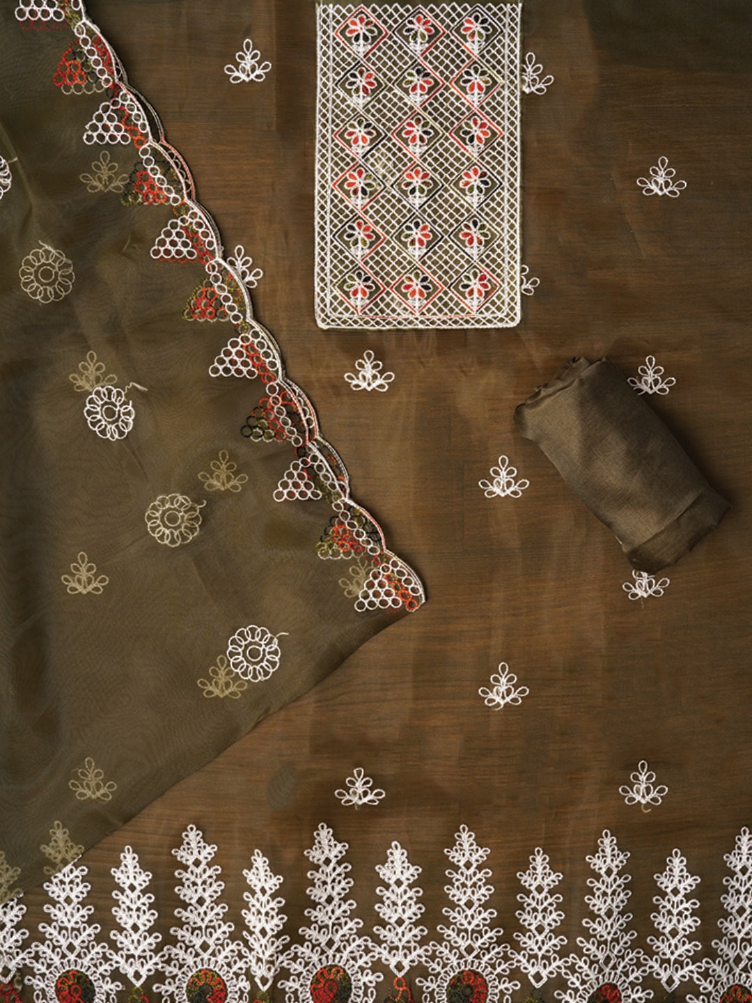 Mehandi Zari Embroidered Organza Dress Material with Dupatta