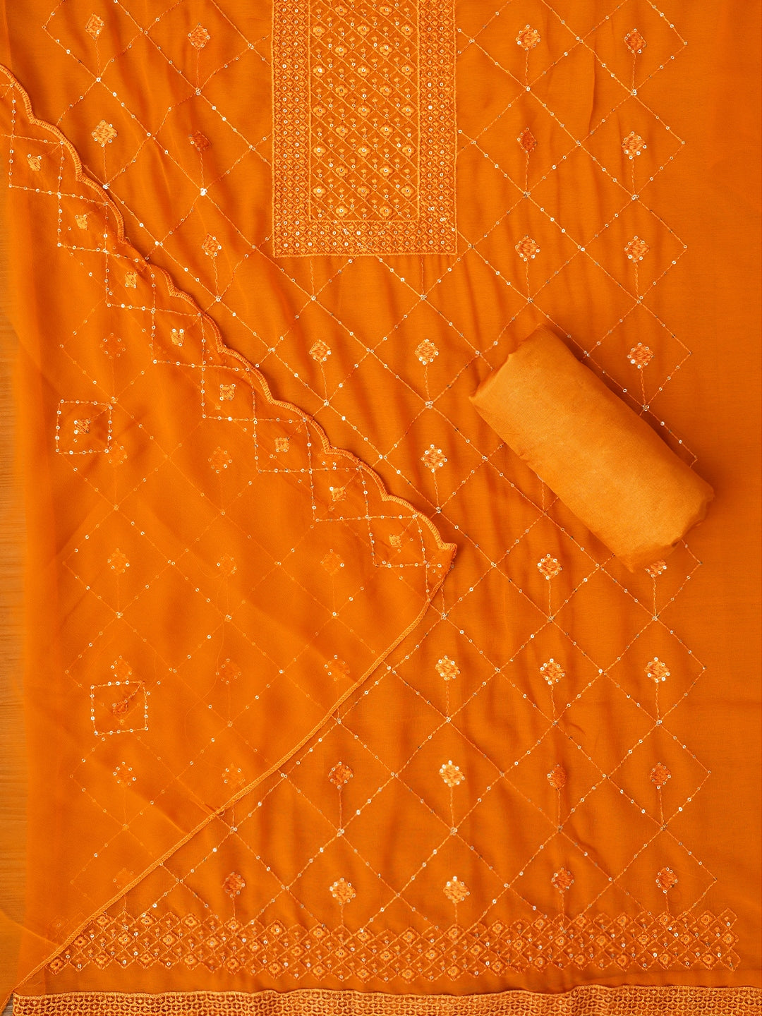 Mustard Embroidered Silk Georgette Dress Material with Dupatta