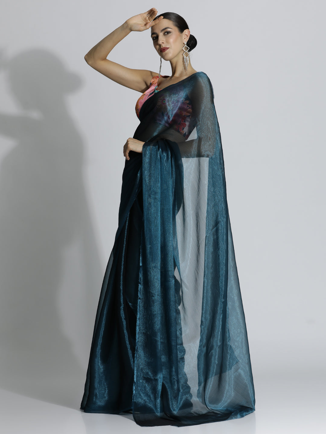 Teal Festive Tissue Solid Saree