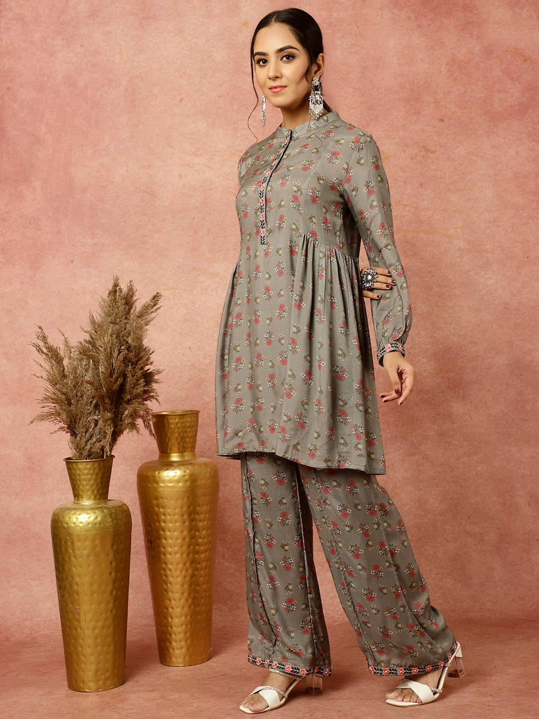 Grey Ethnic Printed Gathered Kurta With Palazzo Co-ord Set