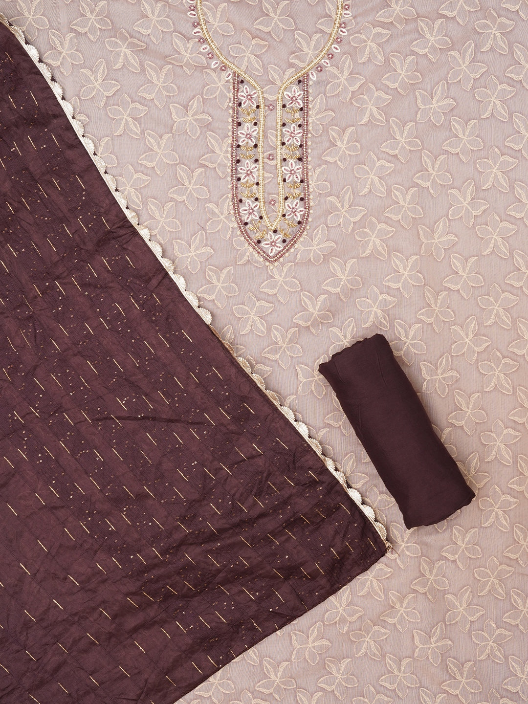 Purple Floral Printed Embellished Cotton Dress Material with Dupatta