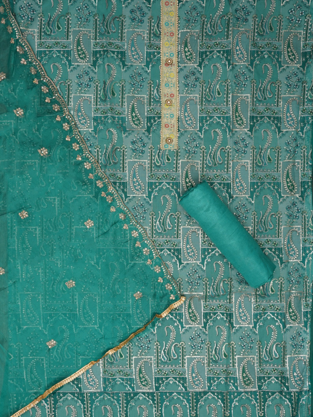 Sequin Embellished Multi Color Organza Dress Material with Dupatta