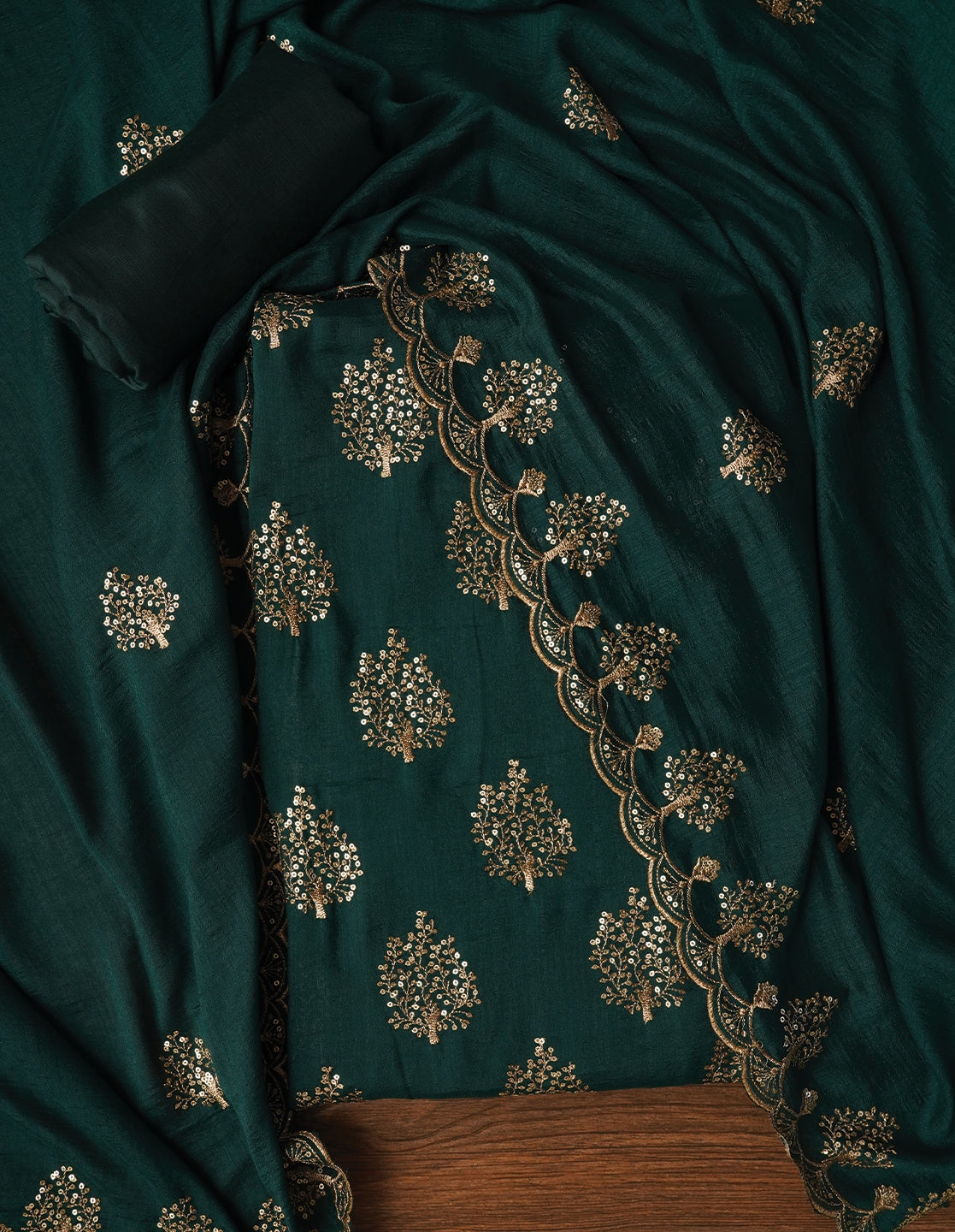 Green Sequin Work Cotton Blend Dress Material with Dupatta
