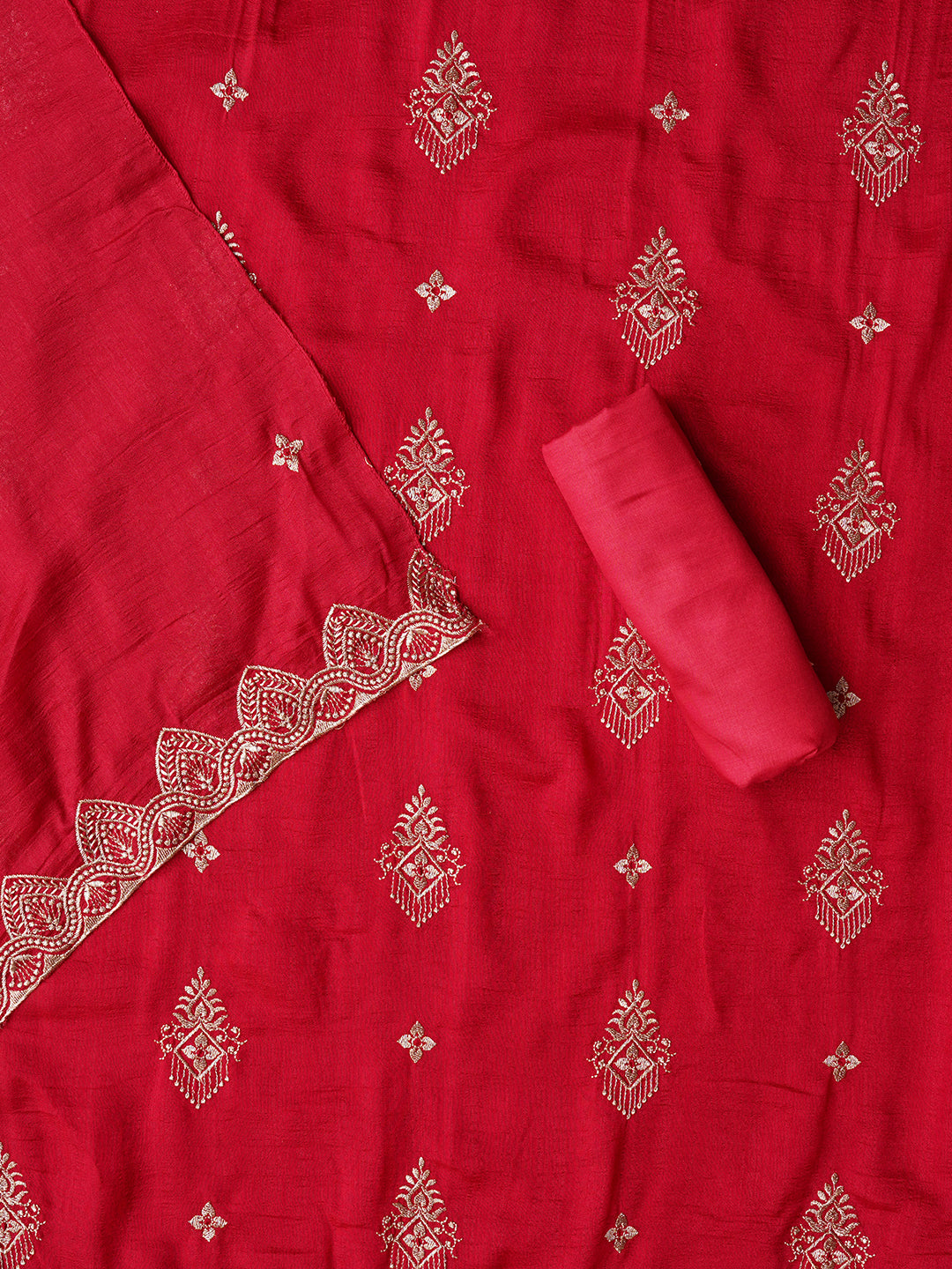 Pink Unstitched Embroidered Silk Blend Dress Material With Dupatta