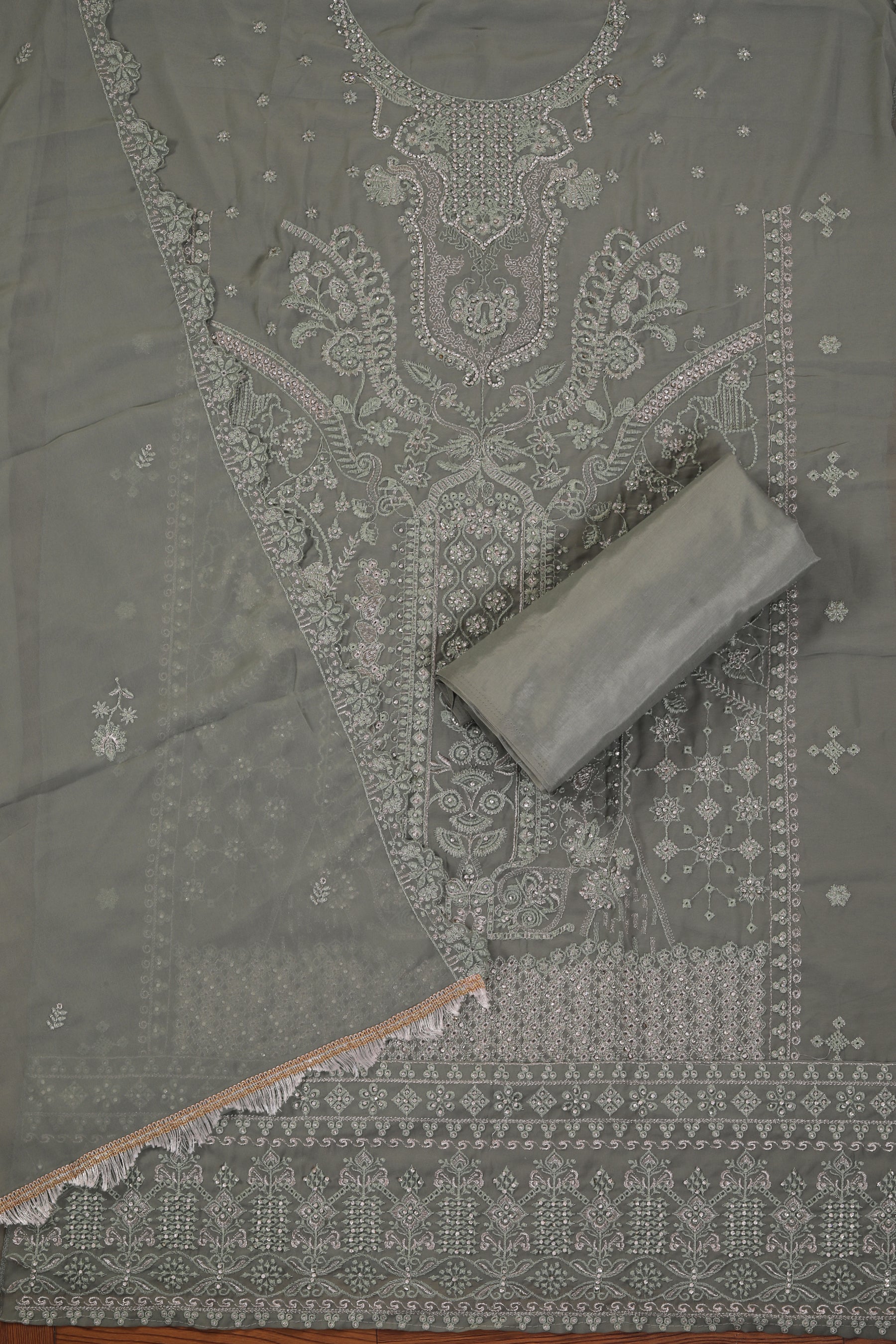 Olive Heavy Embroidered Poly Georgette Dress Material with Dupatta