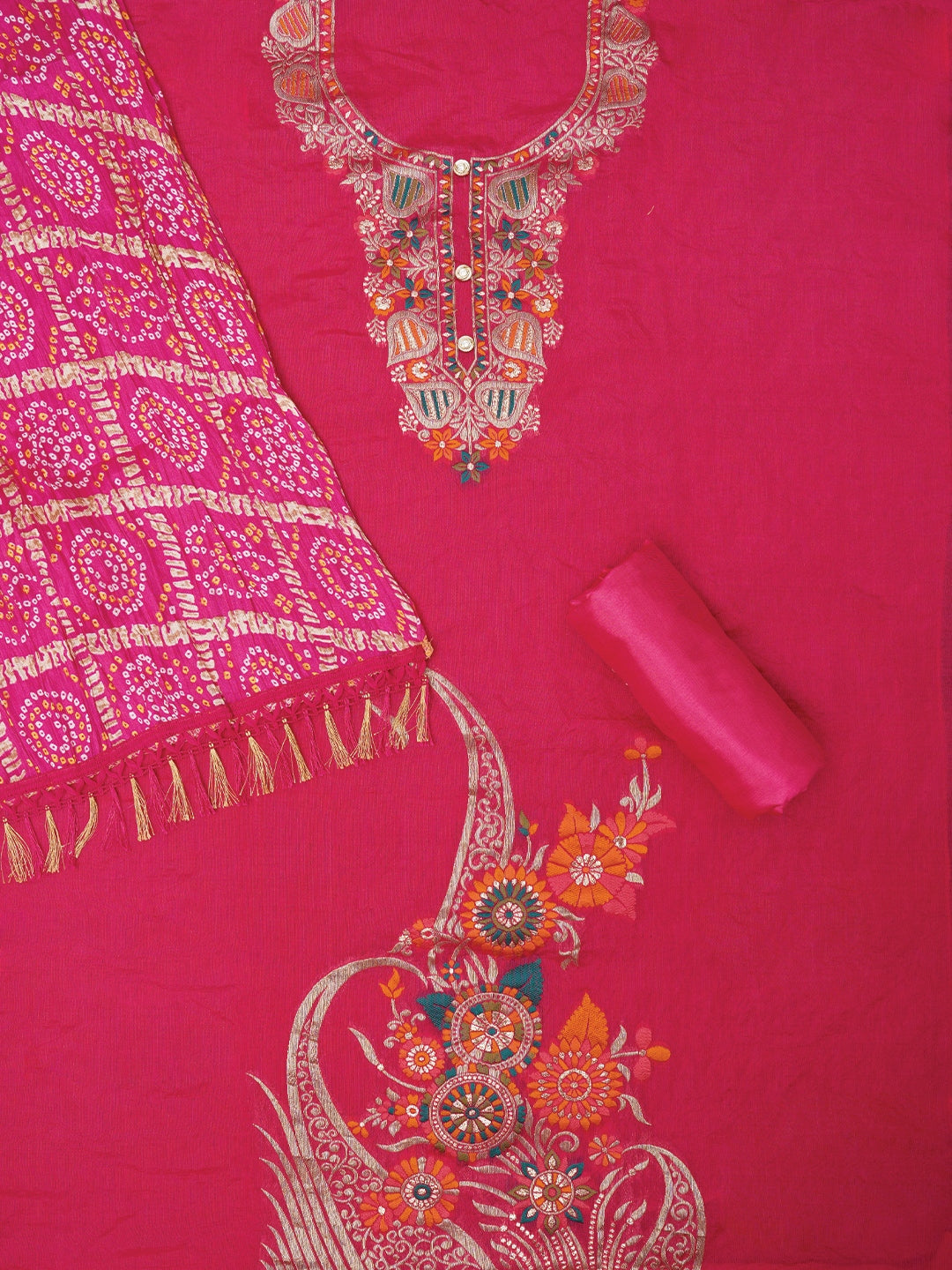 Pink Unstitched Zari Silk Blend Dress Material With Dupatta