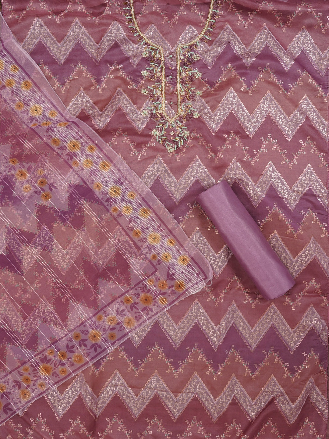 Sequin Embroidered Multicolor Organza Dress Material with Dupatta