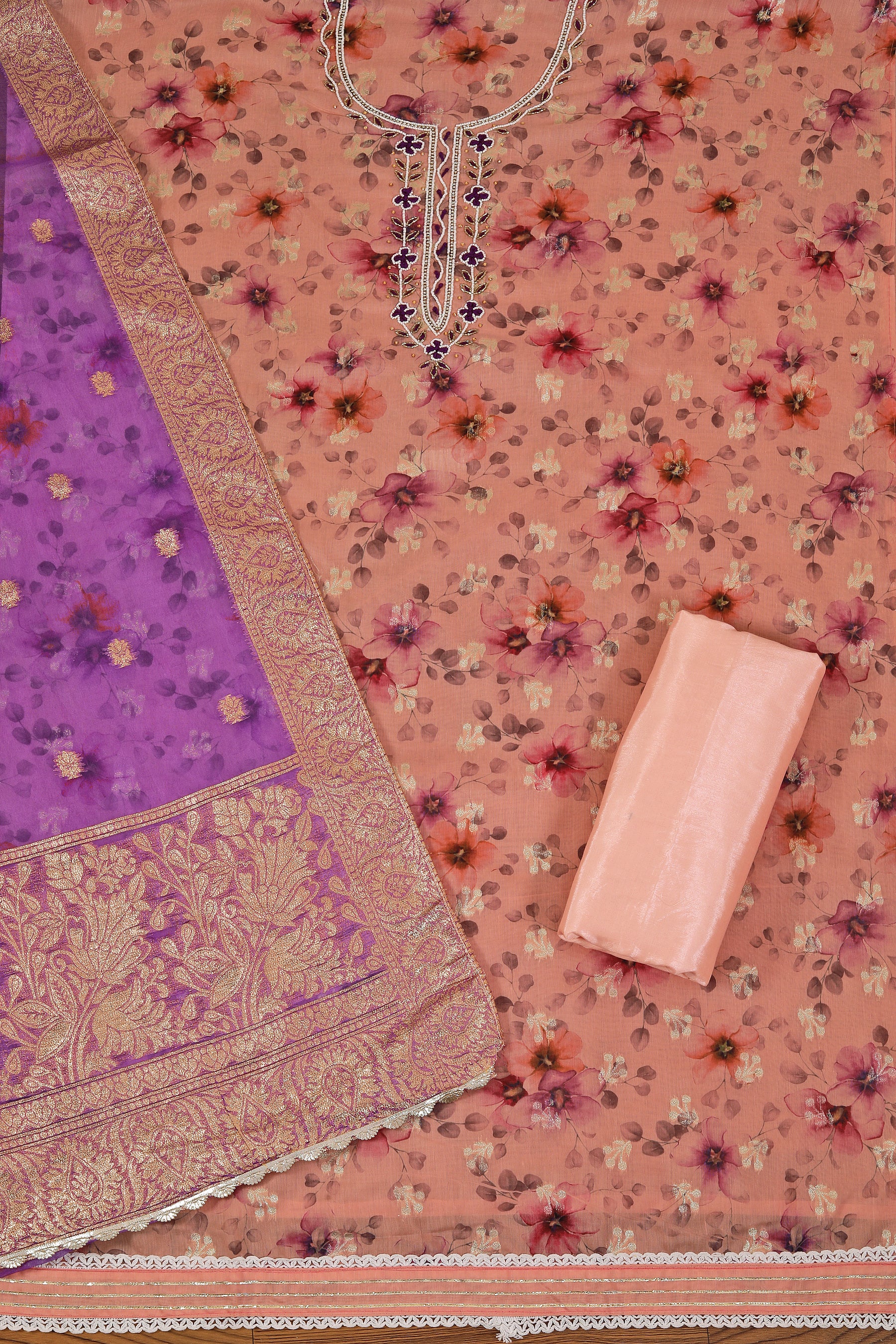 Orange Cotton Blend Embellished Dress Material with Dupatta