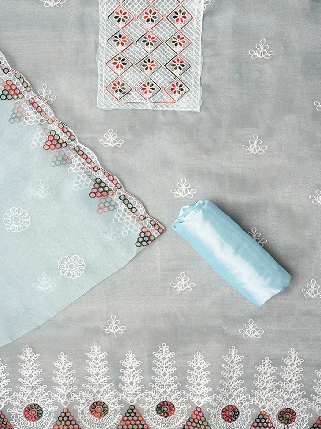 Sky Blue Zari Embroidered Organza Dress Material with Dupatta