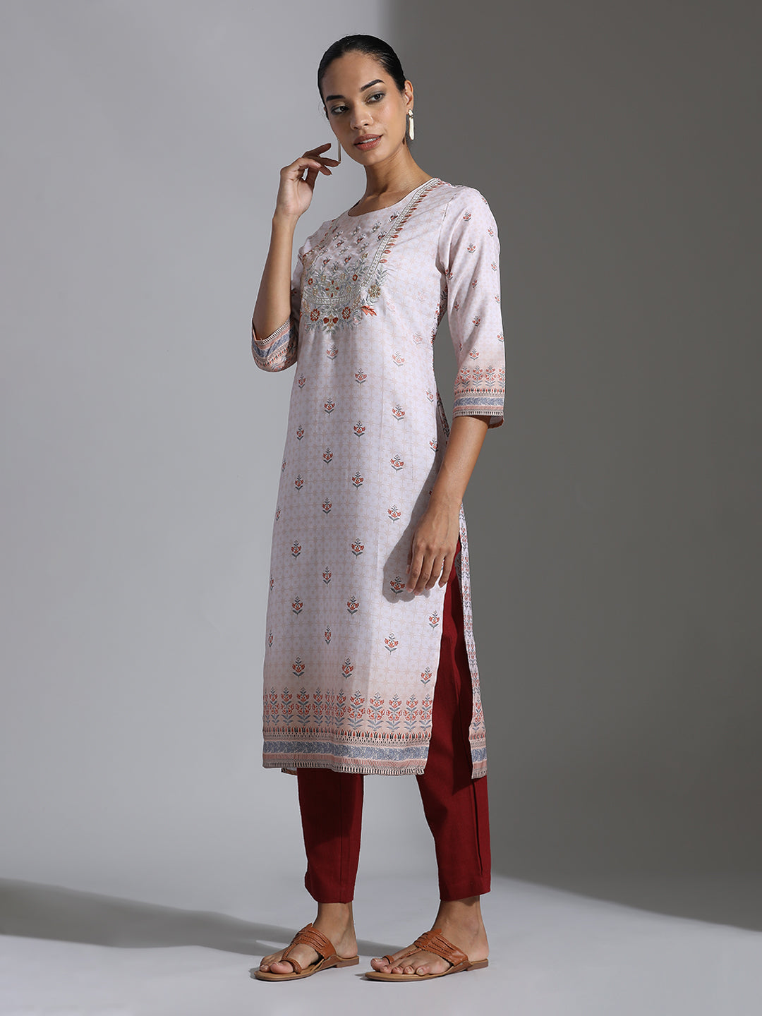 Beige Printed Poly Rayon Straight Kurta