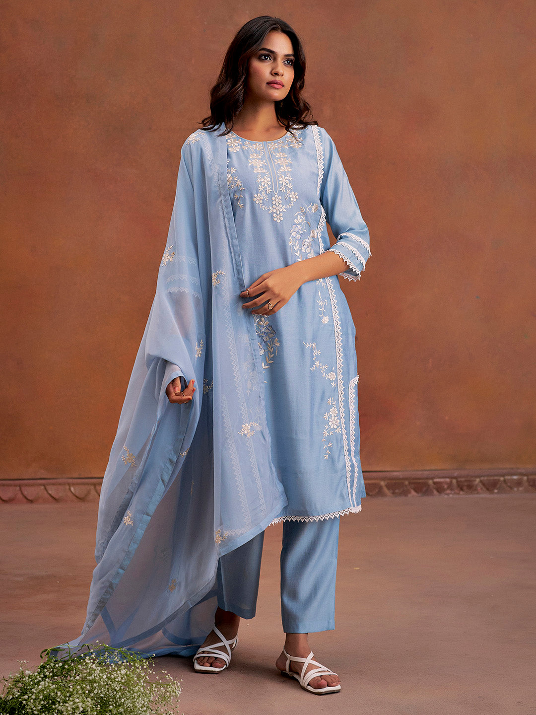 Blue Festive Embroidered Kurta Set With Dupatta