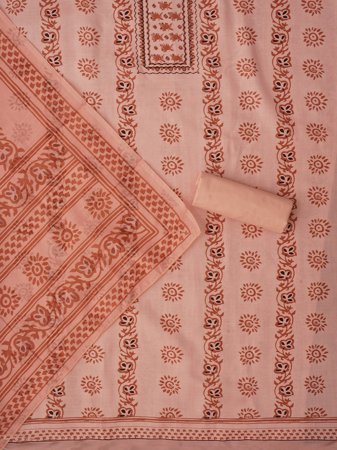 Peach Floral Printed Cotton Blend Dress Material with Dupatta