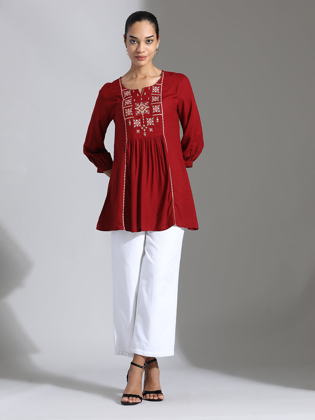 Maroon Embroidered Rayon Gathered Top