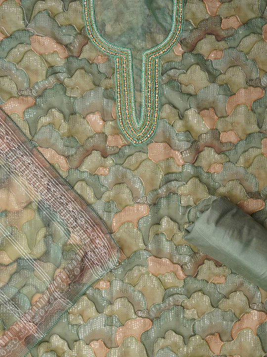 Unstitched Embroidered Sea Green Organza Dress Material With Dupatta