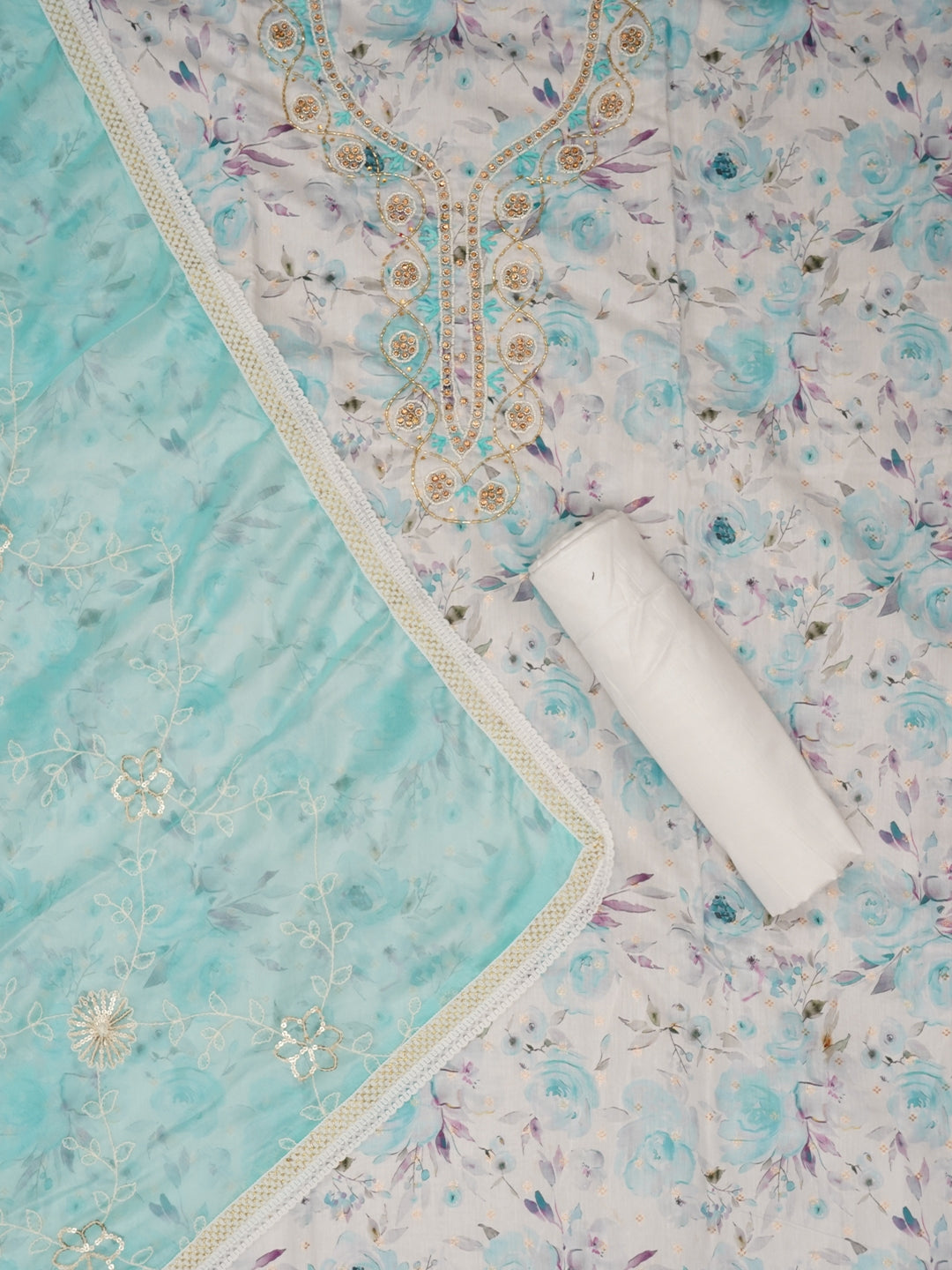 Multi Color Cotton Blend Embellished Dress Material with Dupatta