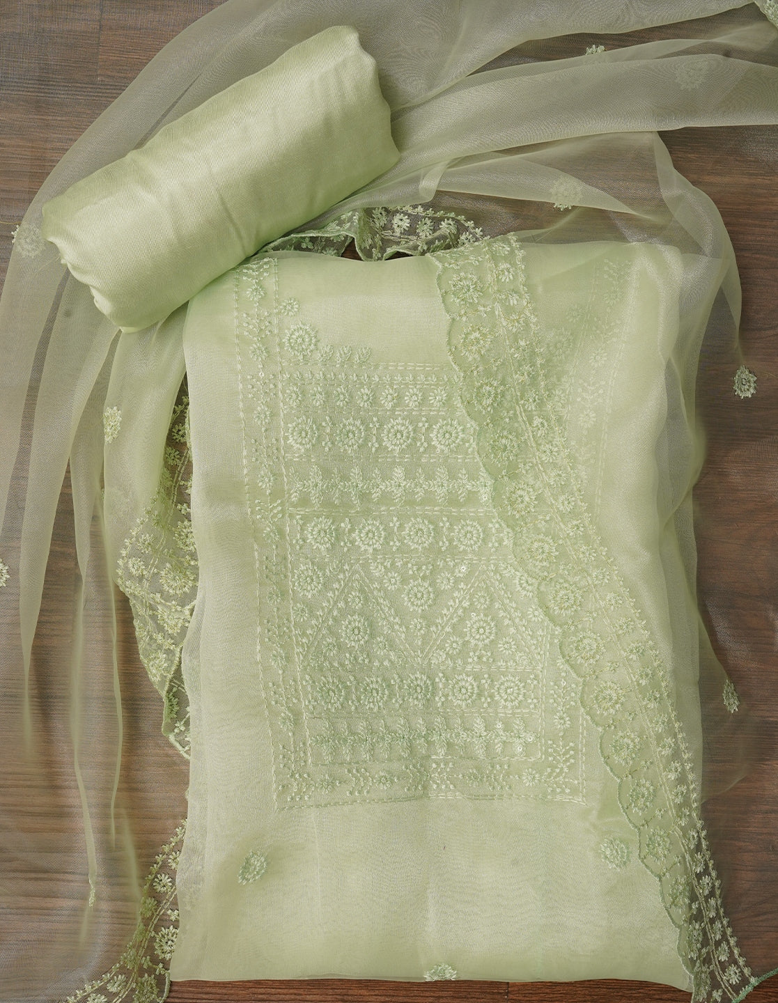 Green Unstitched Embroidered Organza Festive Dress Material With Dupatta
