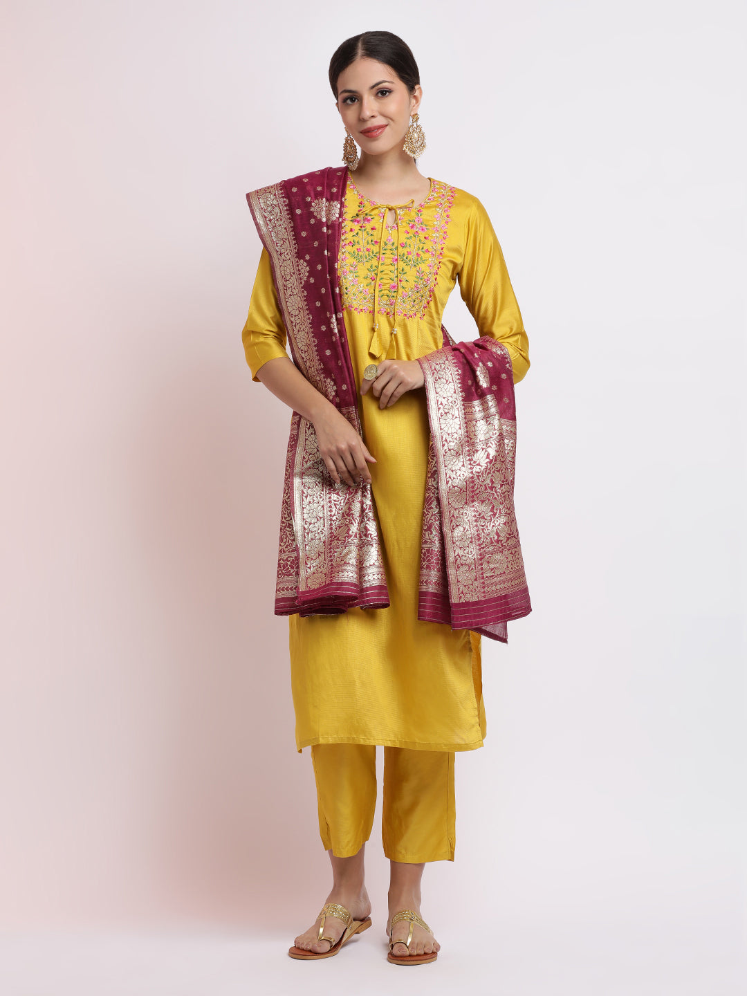 Yellow Art Silk Embroidered Kurta Set With Dupatta