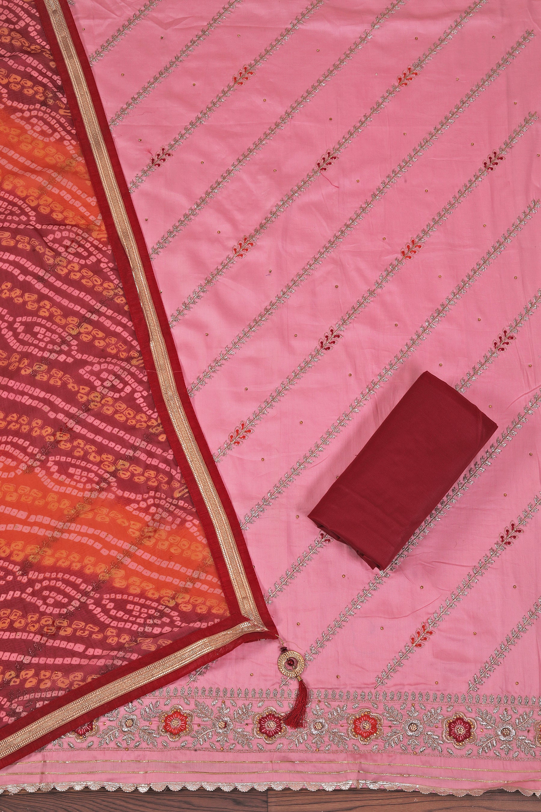 Pink Unstitched Floral Printed Beads and Stones Dress Material With Dupatta