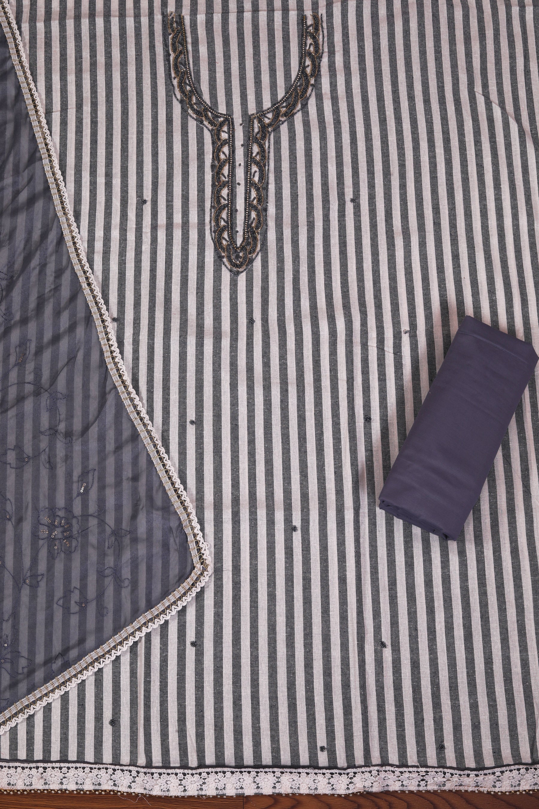 Grey Embellished Cotton Blend Dress Material with Dupatta