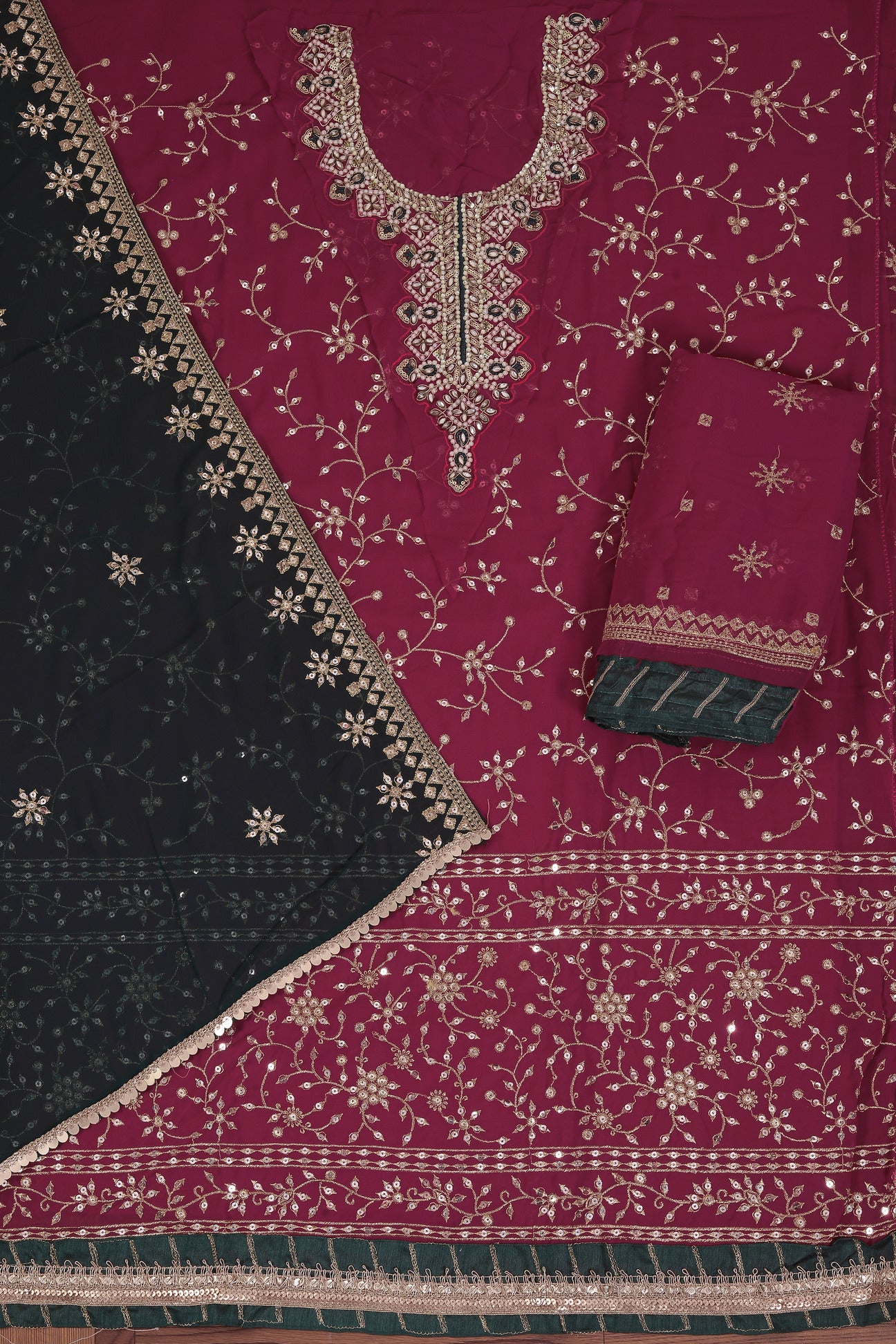 Pink Heavy Embroidered Poly Georgette Dress Material with Dupatta
