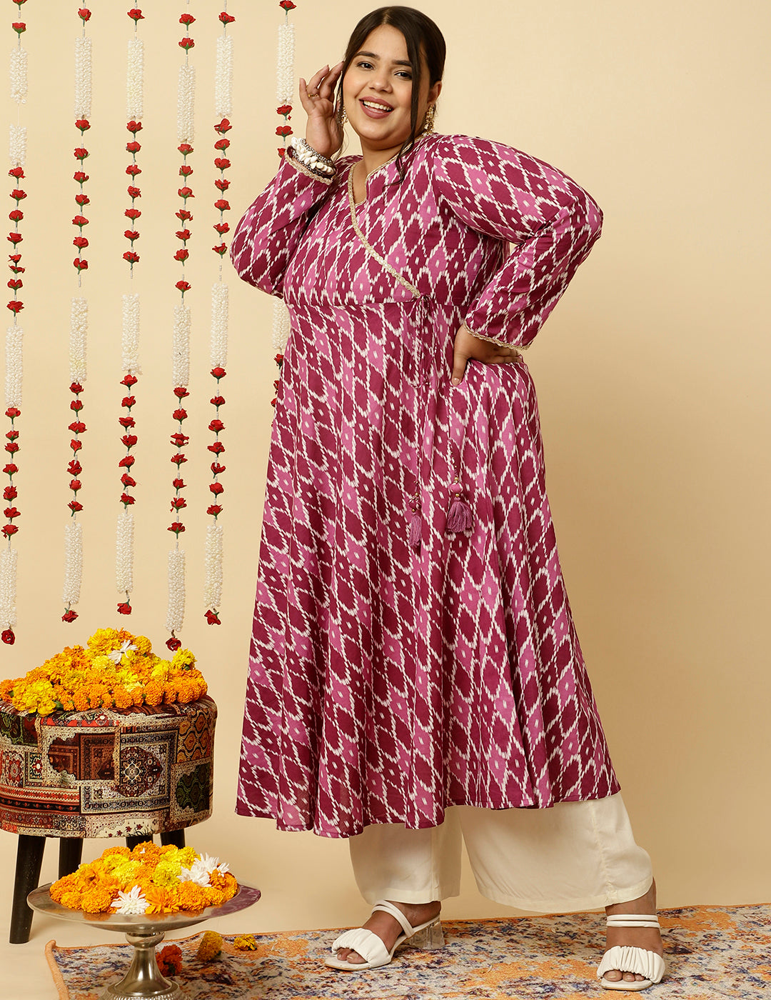 Plus Size Purple Ikat Printed Angrakha Kurta