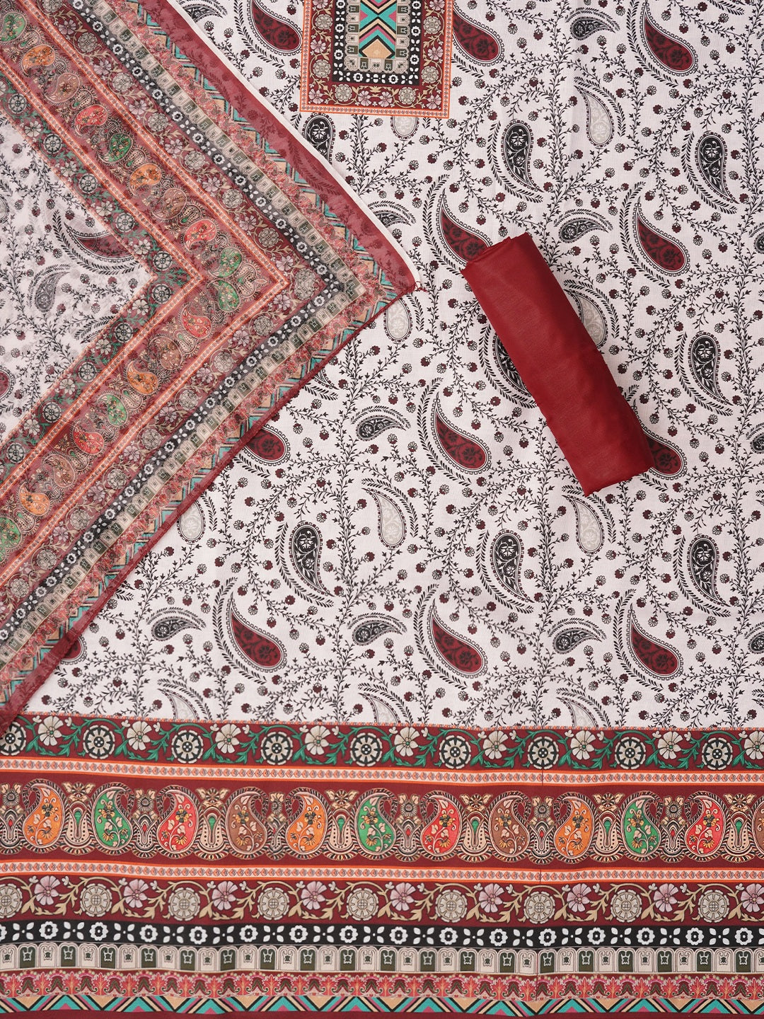 Red Paisley Printed Cotton Blend Dress Material with Dupatta