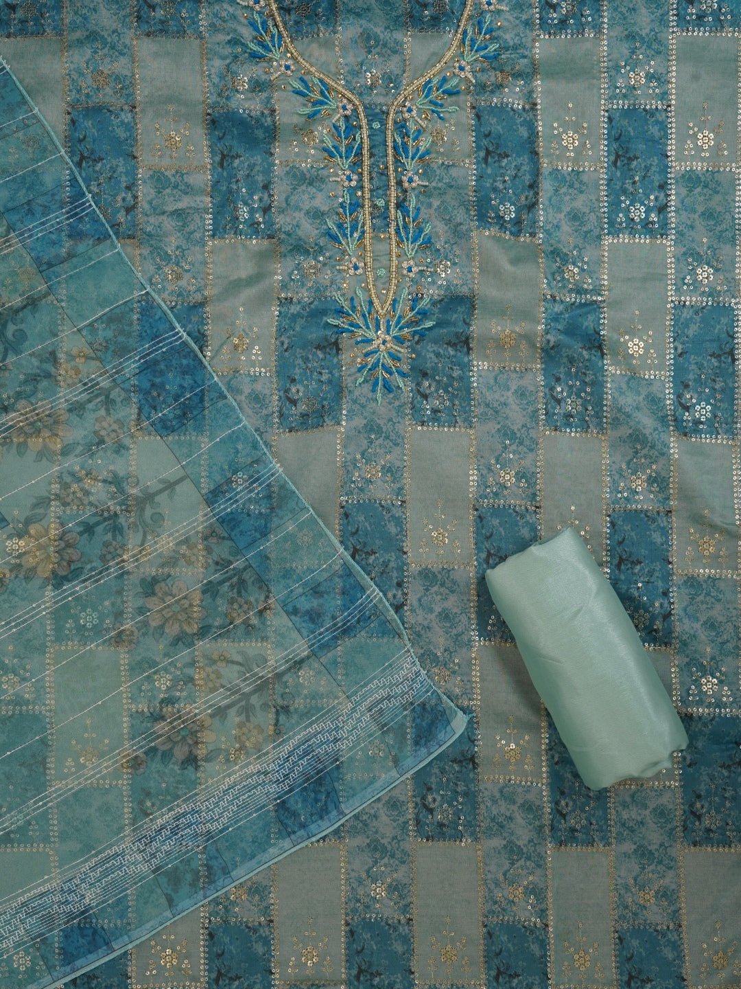 Sea Green Festive Silk Blend Zari Woven Dress Material With Dupatta