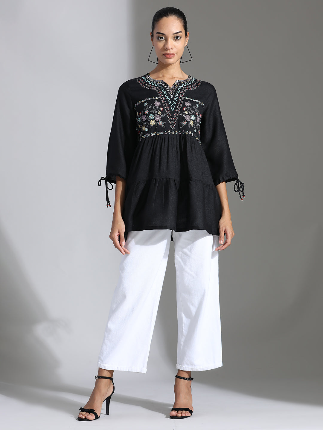 Black Floral Embroidered Rayon Top