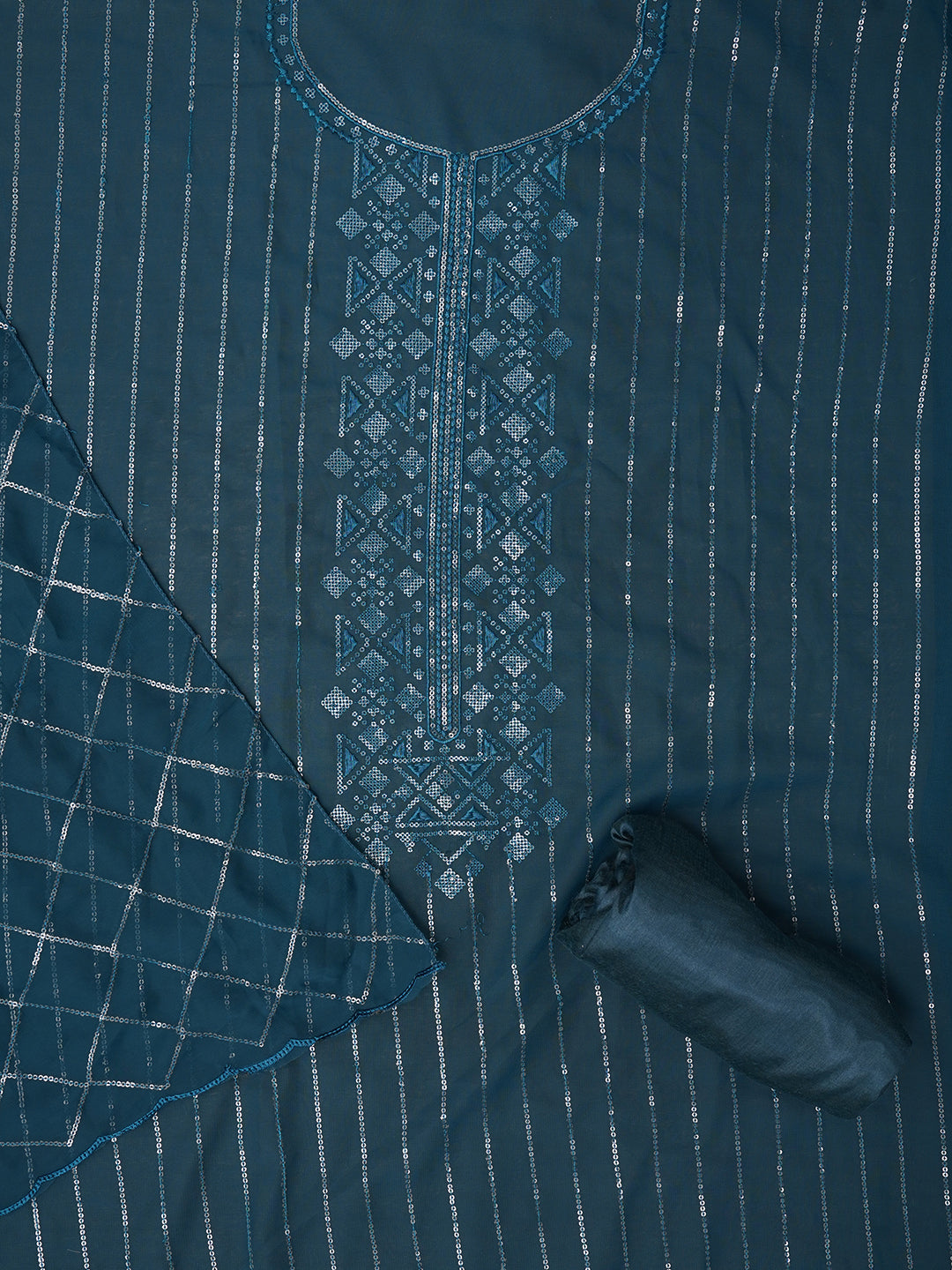 Teal Unstitched Embroidered Silk Georgette Dress Material With Dupatta