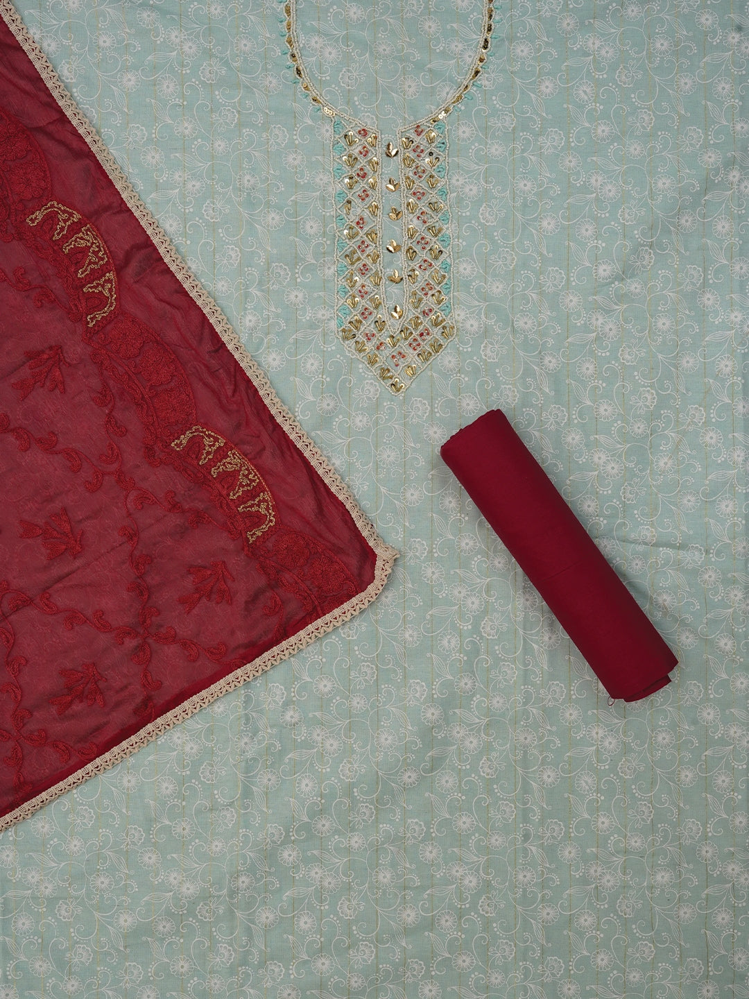 Sea Green Zari Embroidered Cotton Dress Material with Dupatta