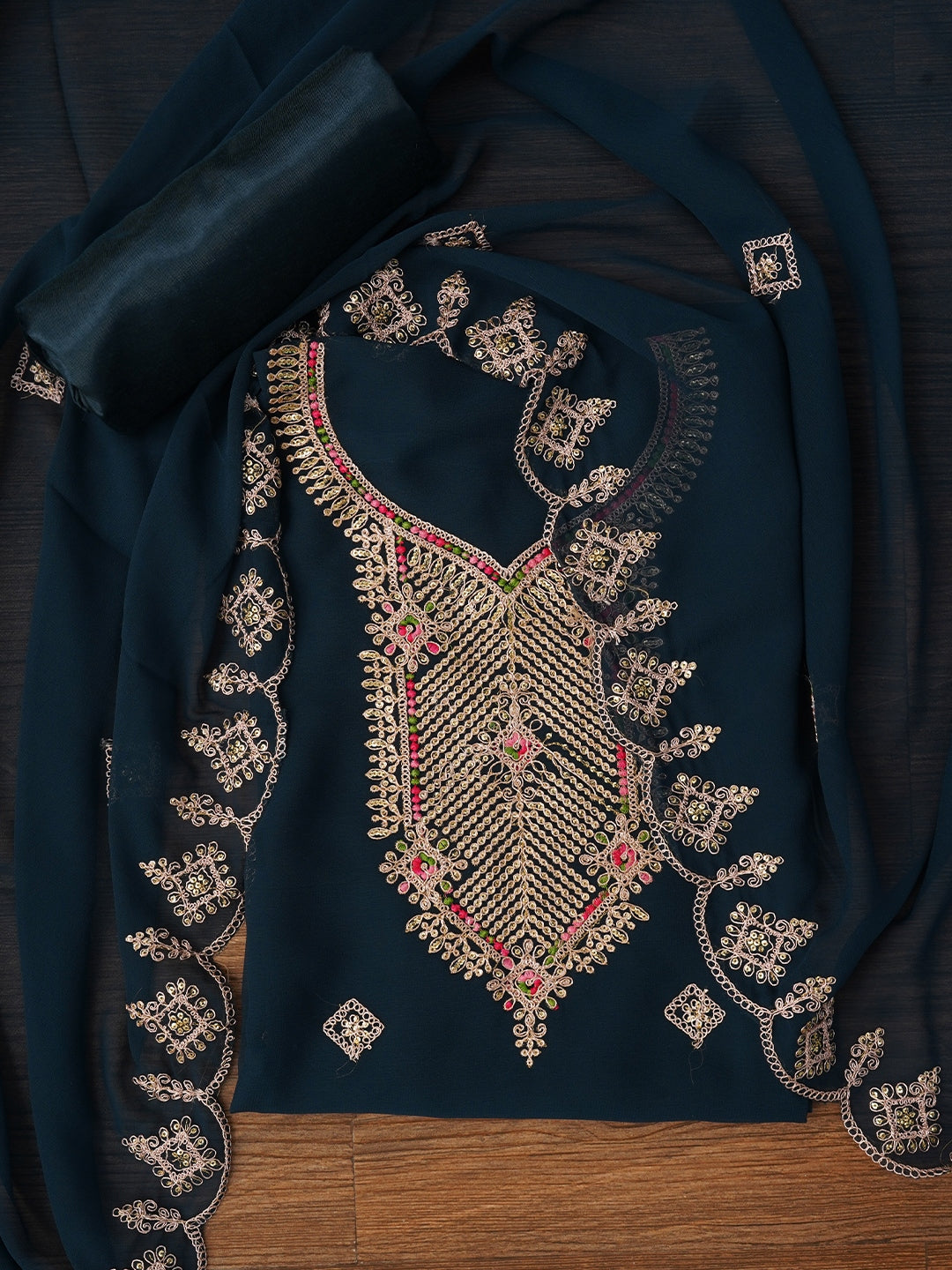 Teal Zari Silk Georgette Dress Material with Dupatta